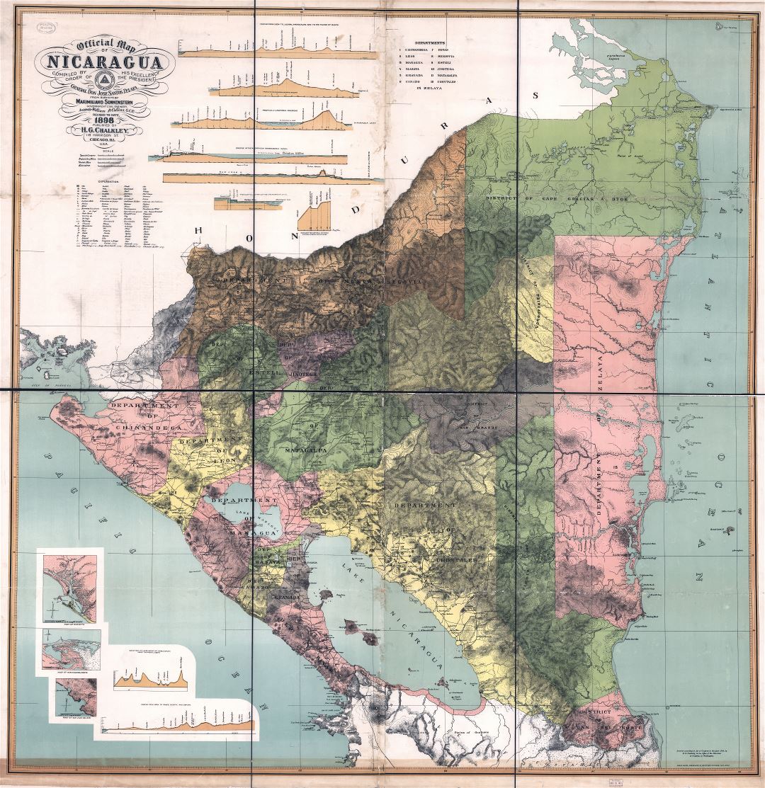 Крупномасштабная детальная старая карта Никарагуа с рельефом и административными делениями - 1898