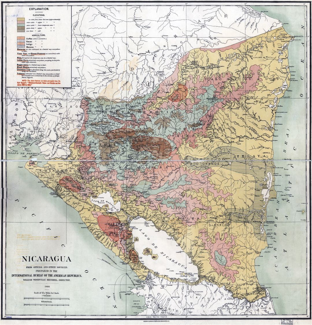 Крупномасштабная старая карта высот Никарагуа с другими пометками - 1903