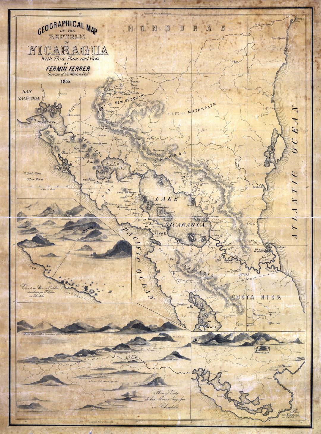 Крупномасштабная старая географическая карта Республики Никарагуа - 1855