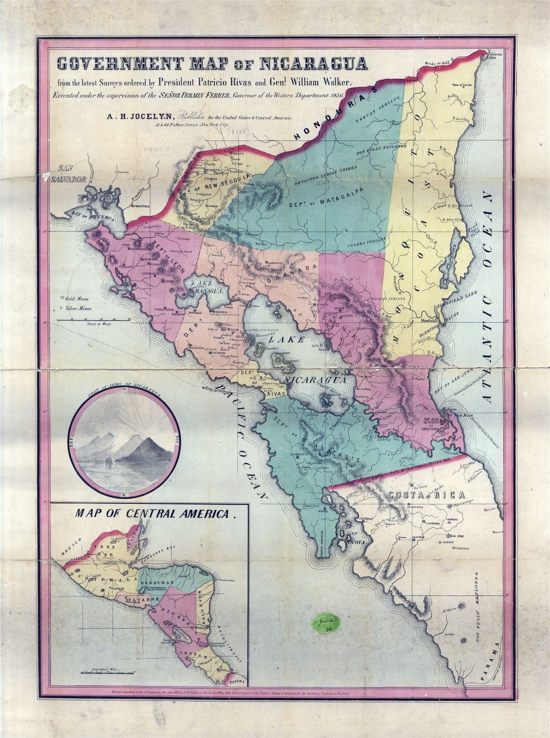 Крупномасштабная старая правительственная карта Никарагуа - 1856
