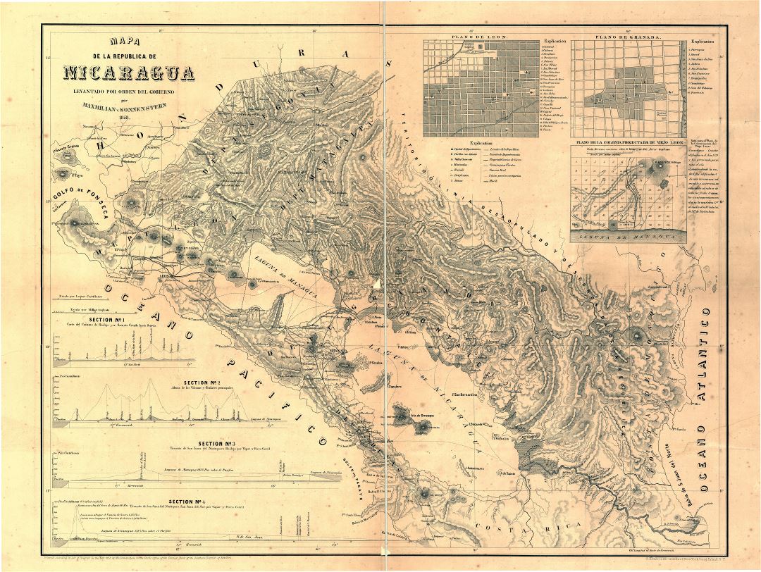 Крупномасштабная старая карта Никарагуа - 1858