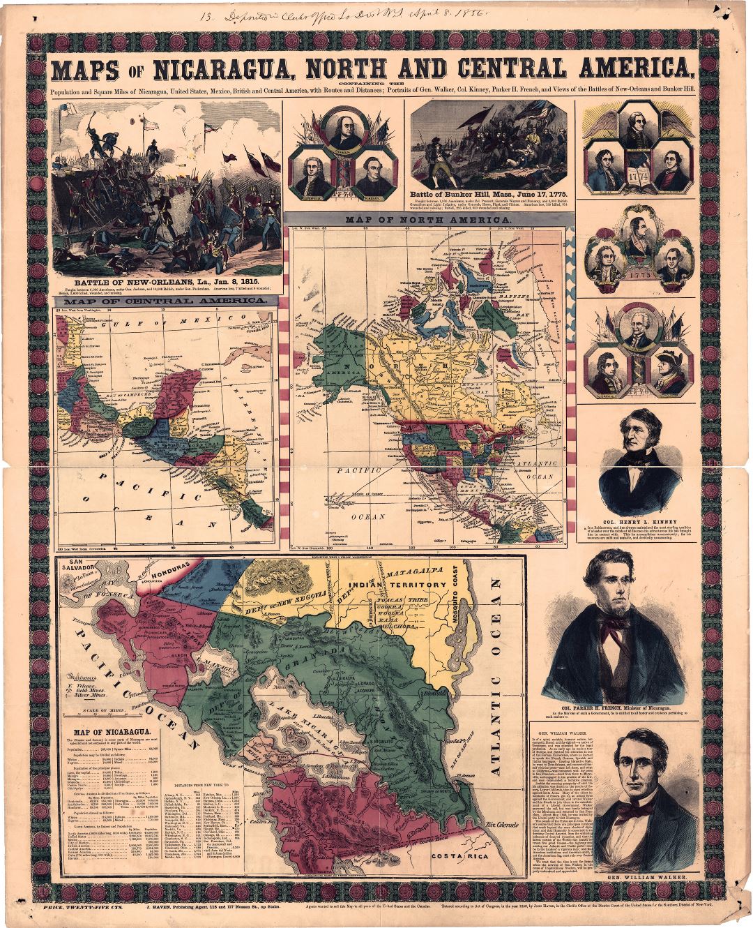 Крупномасштабная старая карта Никарагуа, Северной и Центральной Америки - 1856