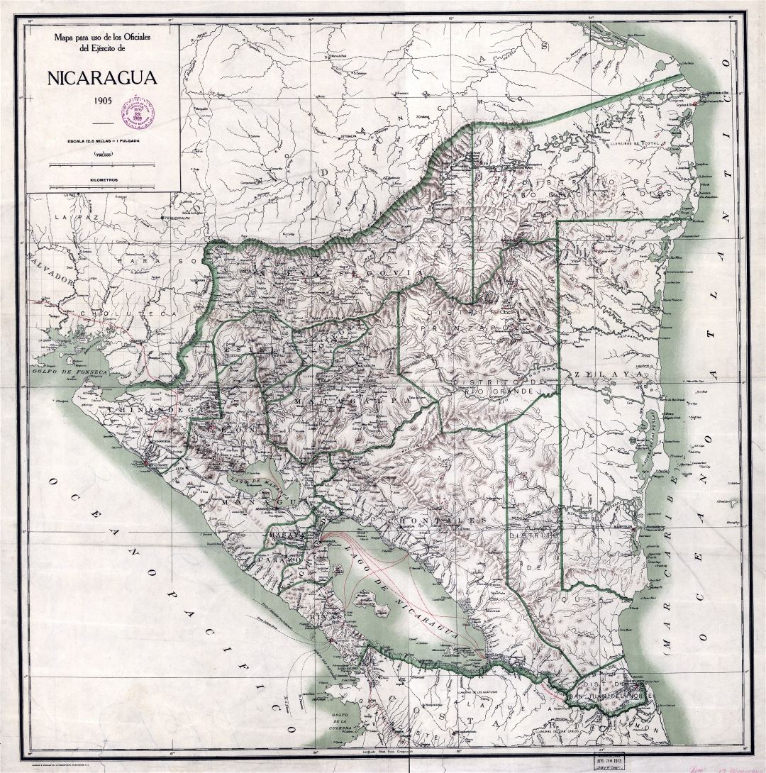 Крупномасштабная старая карта Никарагуа с административными делениями и рельефом - 1905