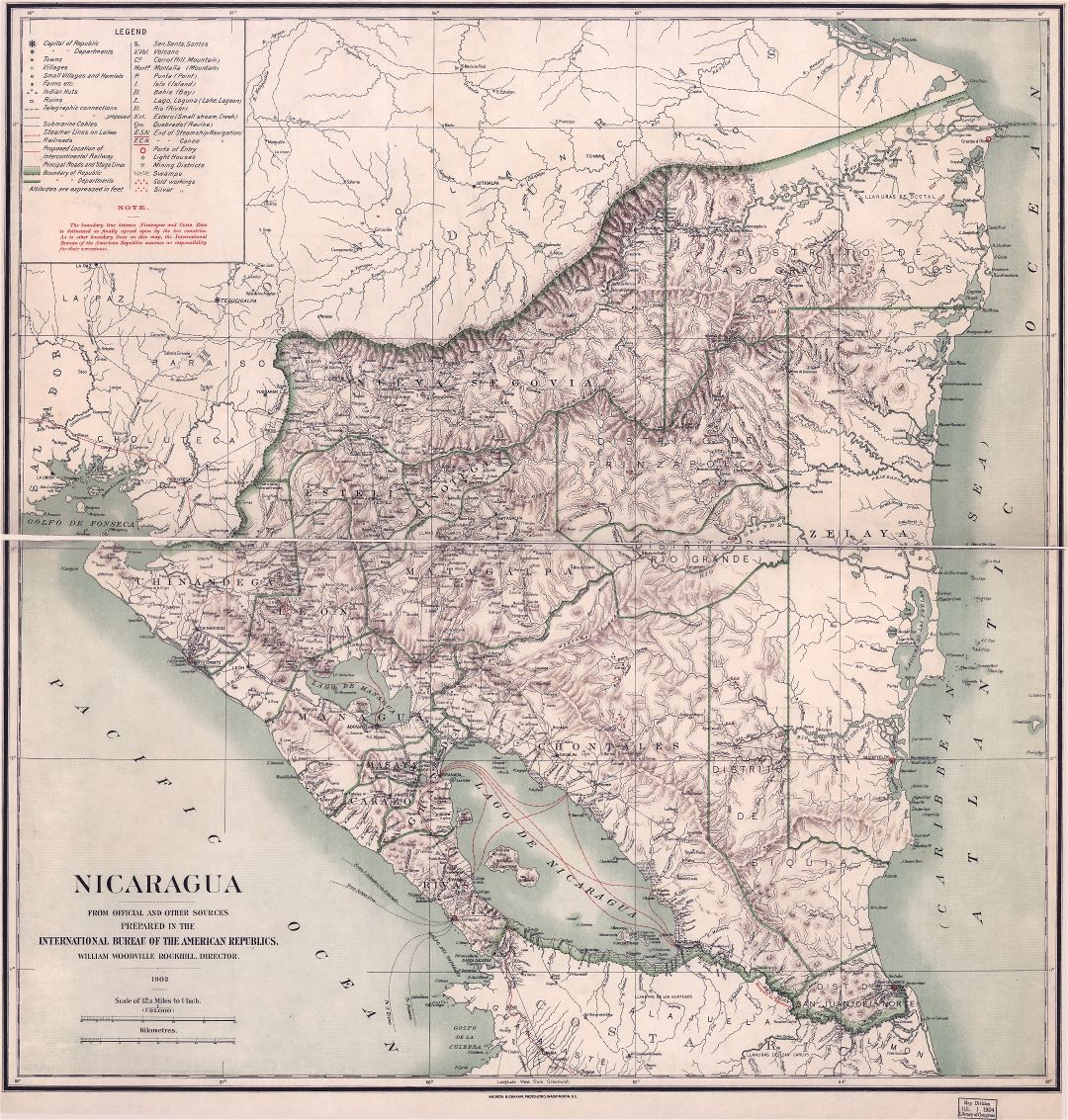 Крупномасштабная старая политическая и административная карта Никарагуа с рельефом и другими пометками - 1903