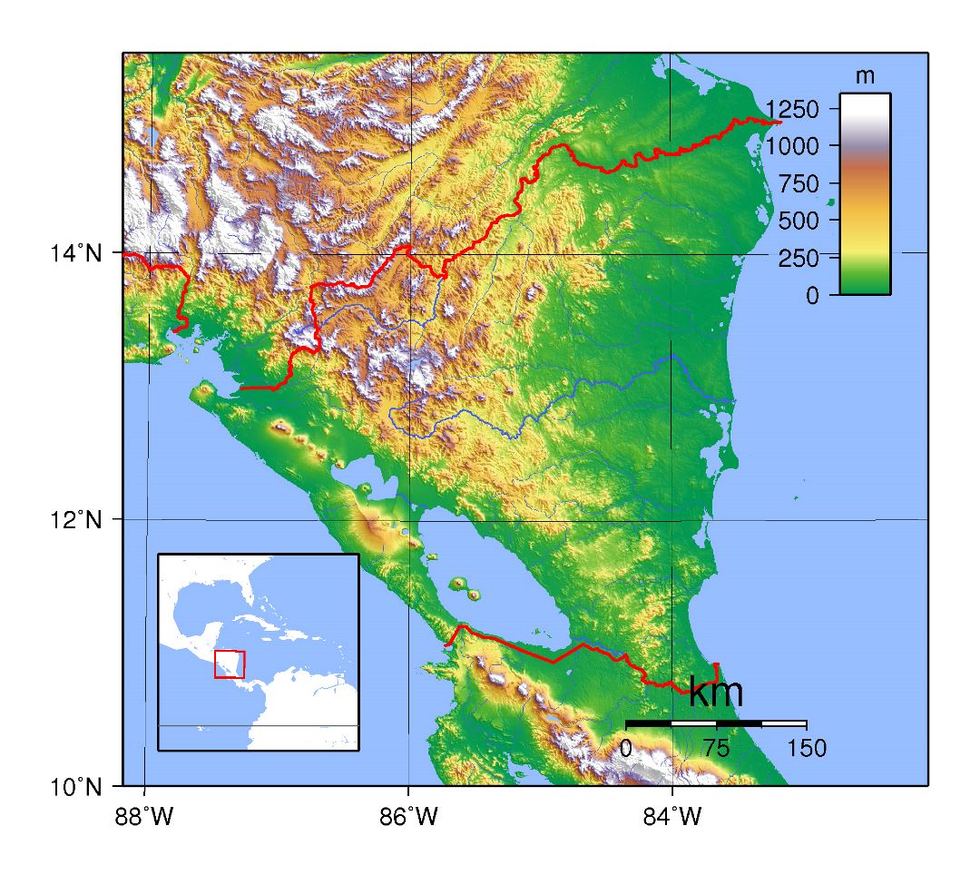 Большая топографическая карта Никарагуа