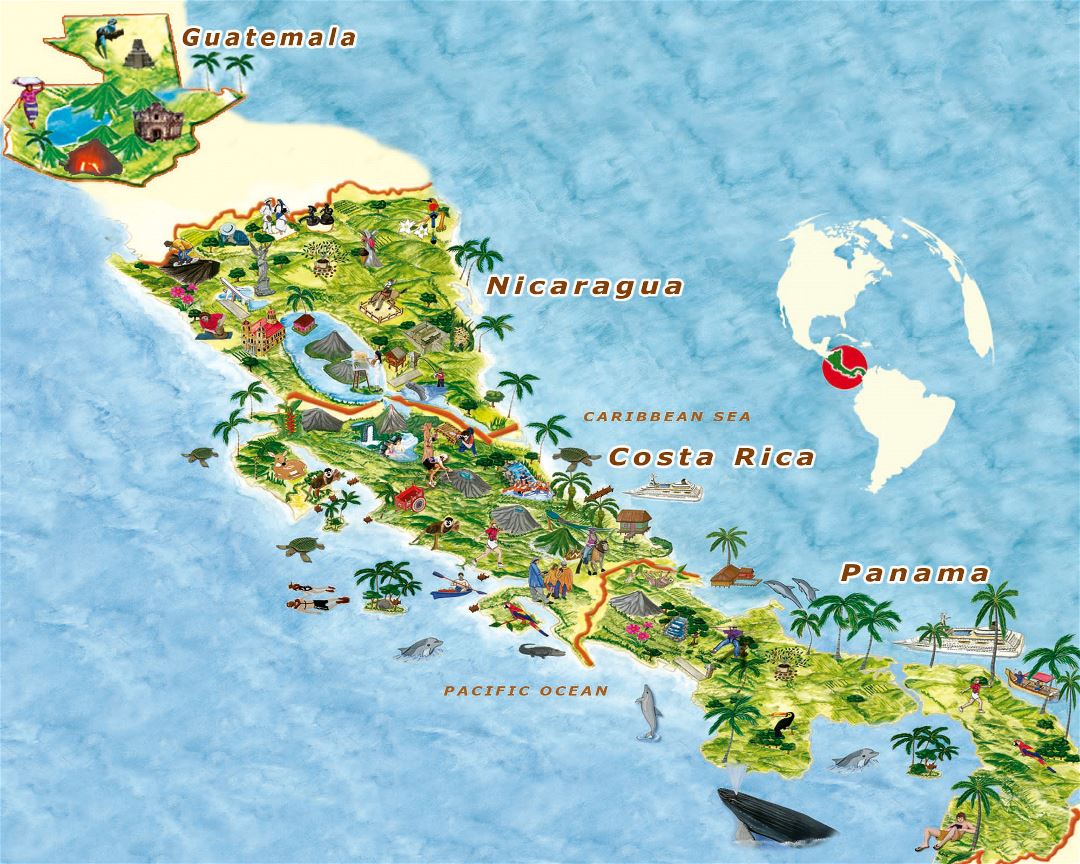Большая туристическая иллюстрированная карта Центральной Америки