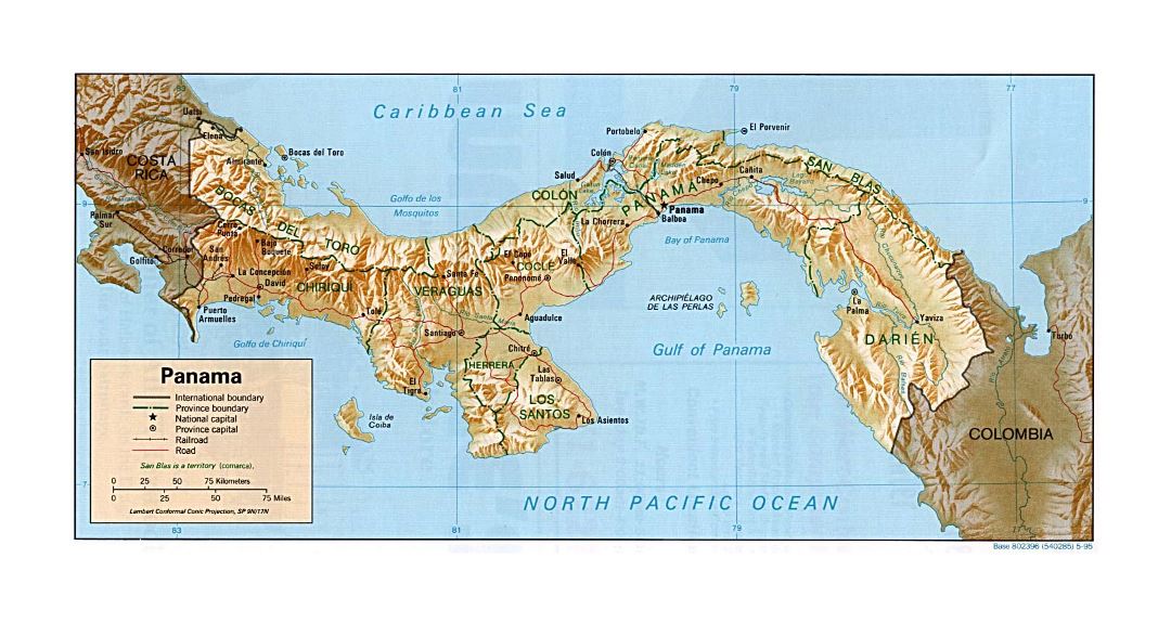 Подробная политическая и административная карта Панамы с рельефом, дорогами, железными дорогами и городами - 1995
