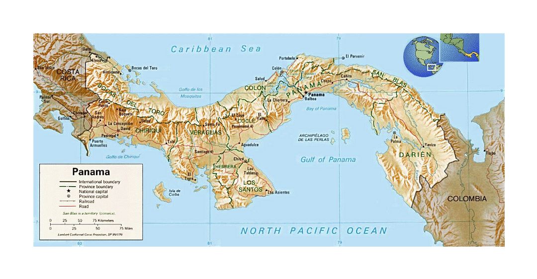 Детальная политическая и административная карта Панамы с рельефом, дорогами, железными дорогами и крупными городами