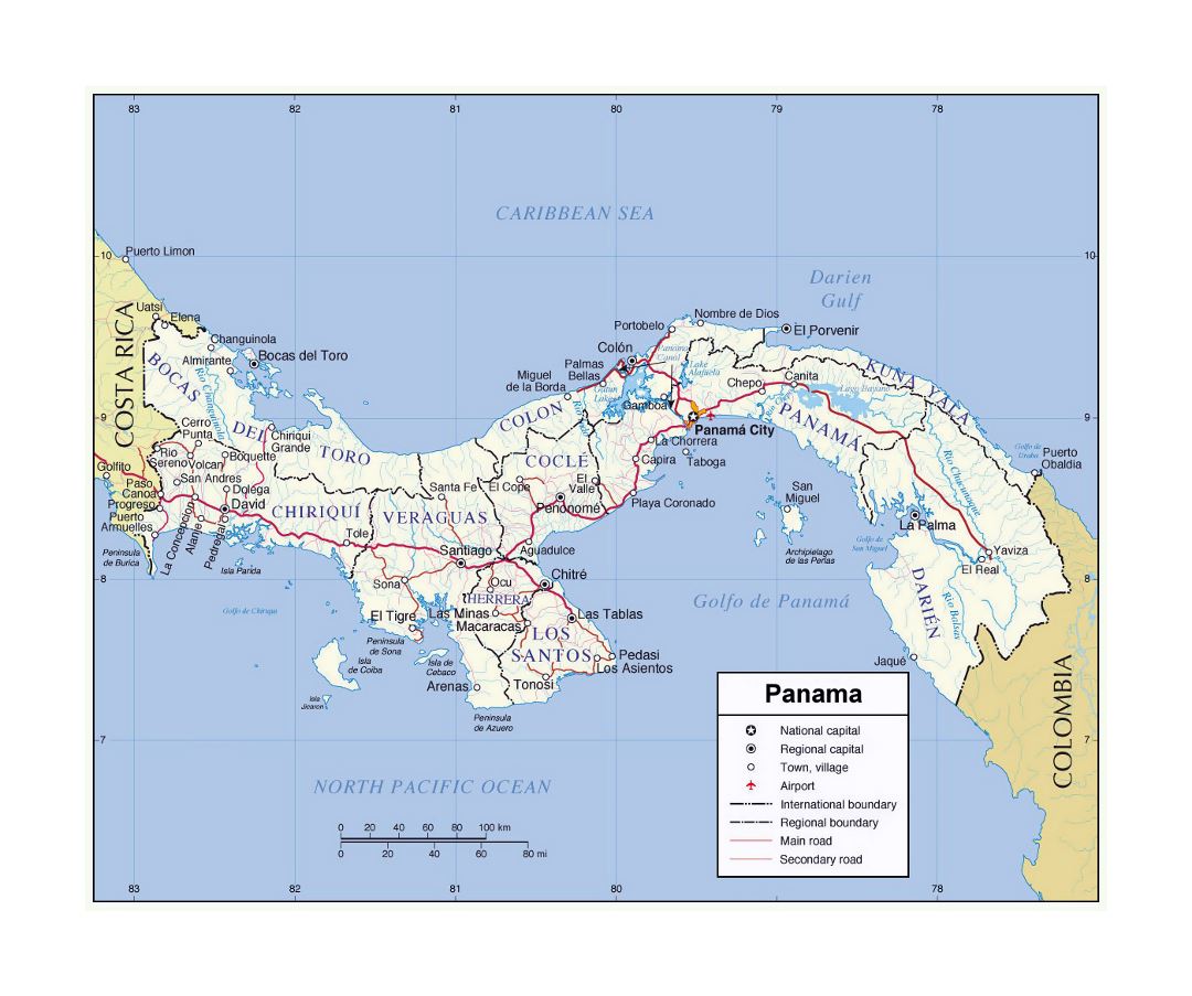 Детальная политическая и административная карта Панамы с дорогами, городами и аэропортами