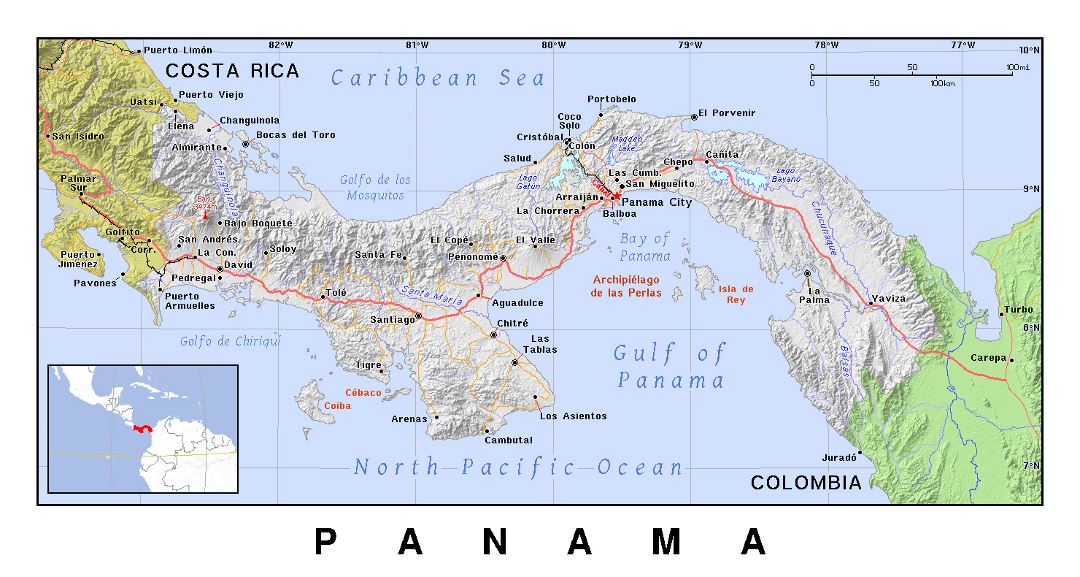 Подробная политическая карта Панамы с рельефом