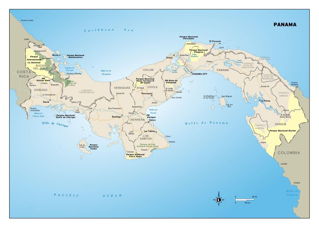 Большая детальная карта Панамы с административными делениями, дорогами, городами и национальными парками
