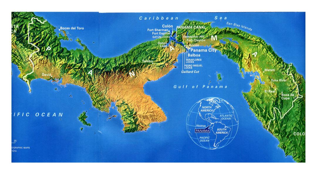 Большая подробная карта Панамы с рельефом и городами
