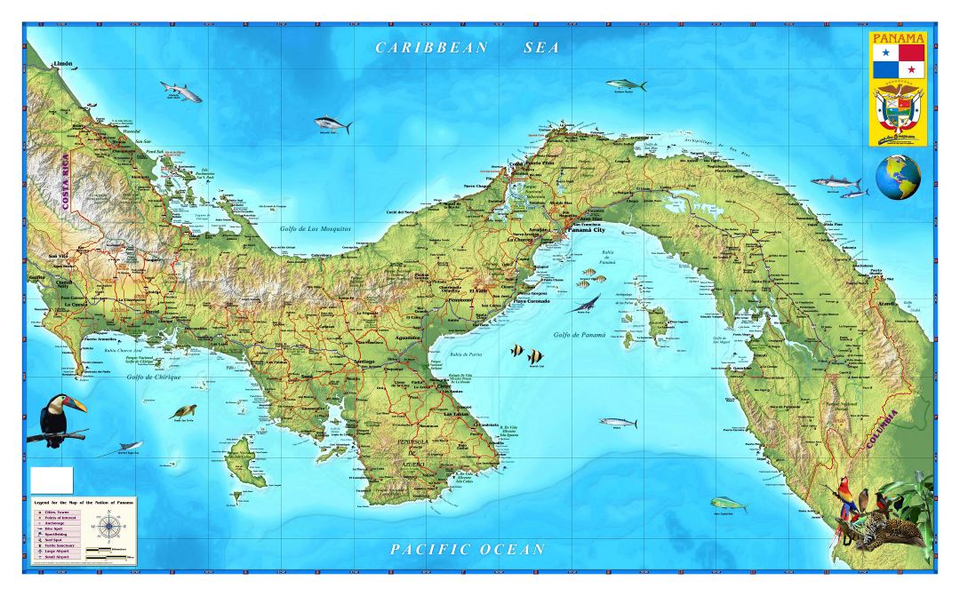 Большая детальная карта Панамы с рельефом и другими пометками