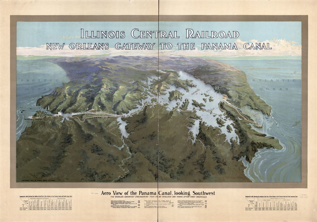 Большой подробный старый вид с воздуха Панамского канала - 1912