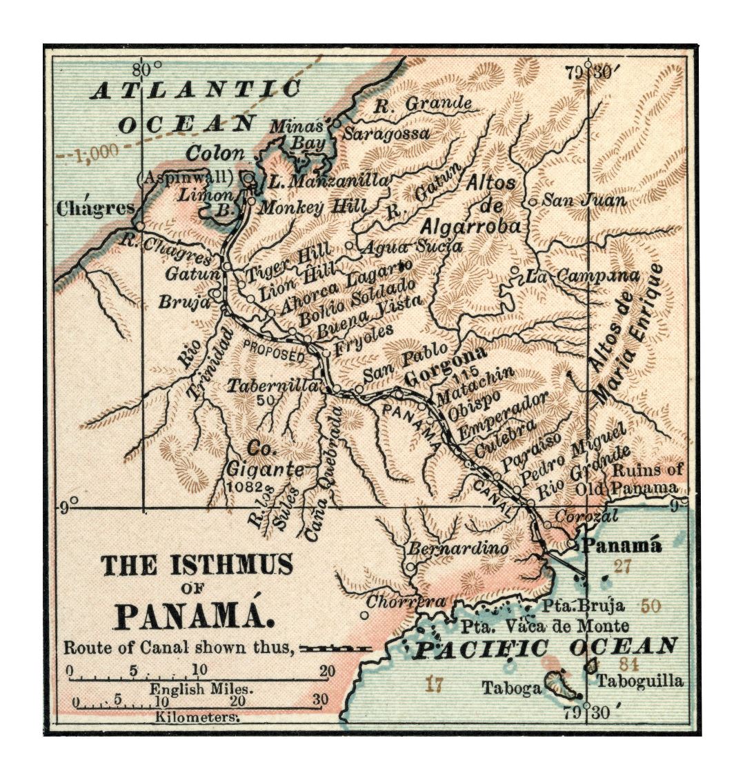 Большая детальная старая карта Панамского канала с рельефом