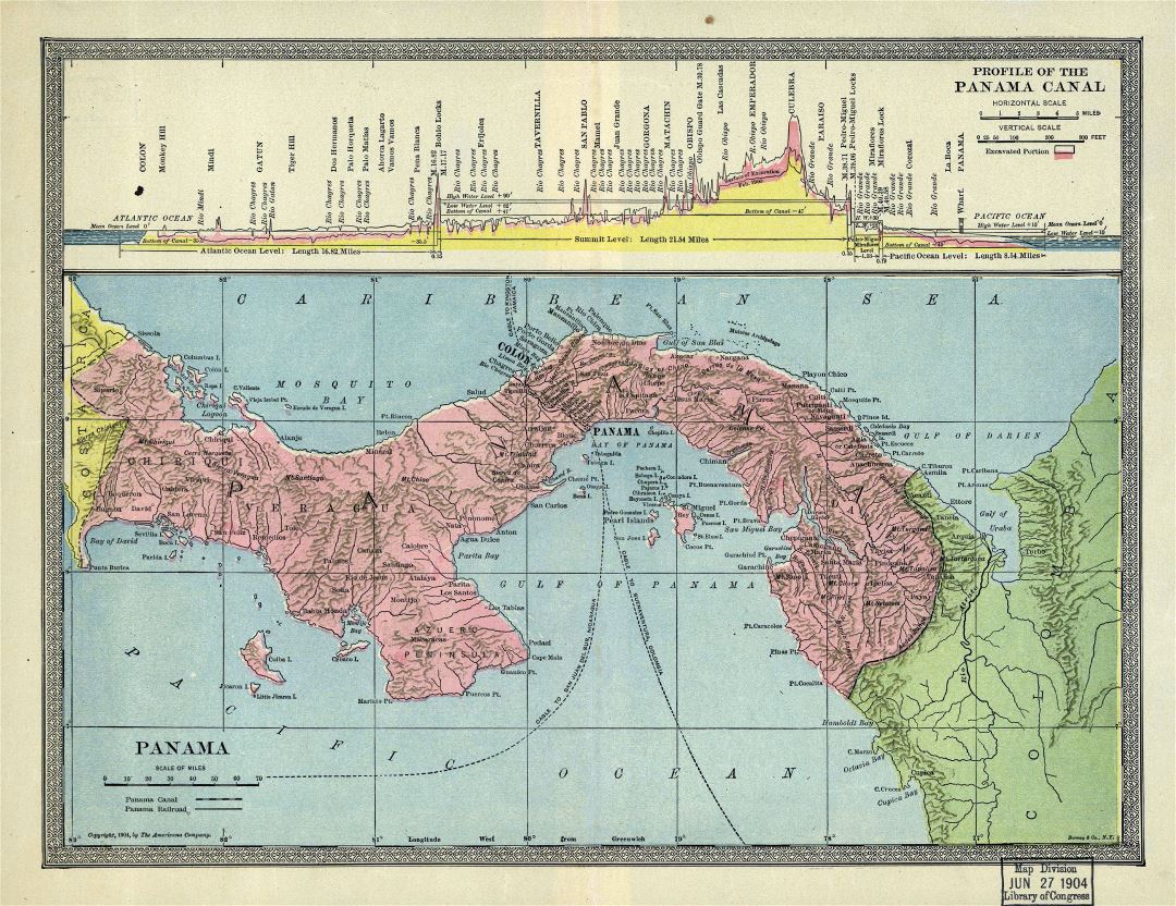 Большая детальная старая карта Панамы с рельефом - 1904