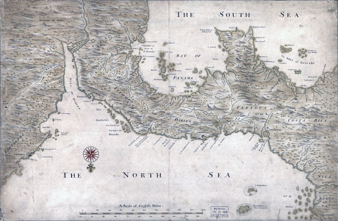 Большая детальная старая карта Панамы с рельефом и другими пометками - 1700-х