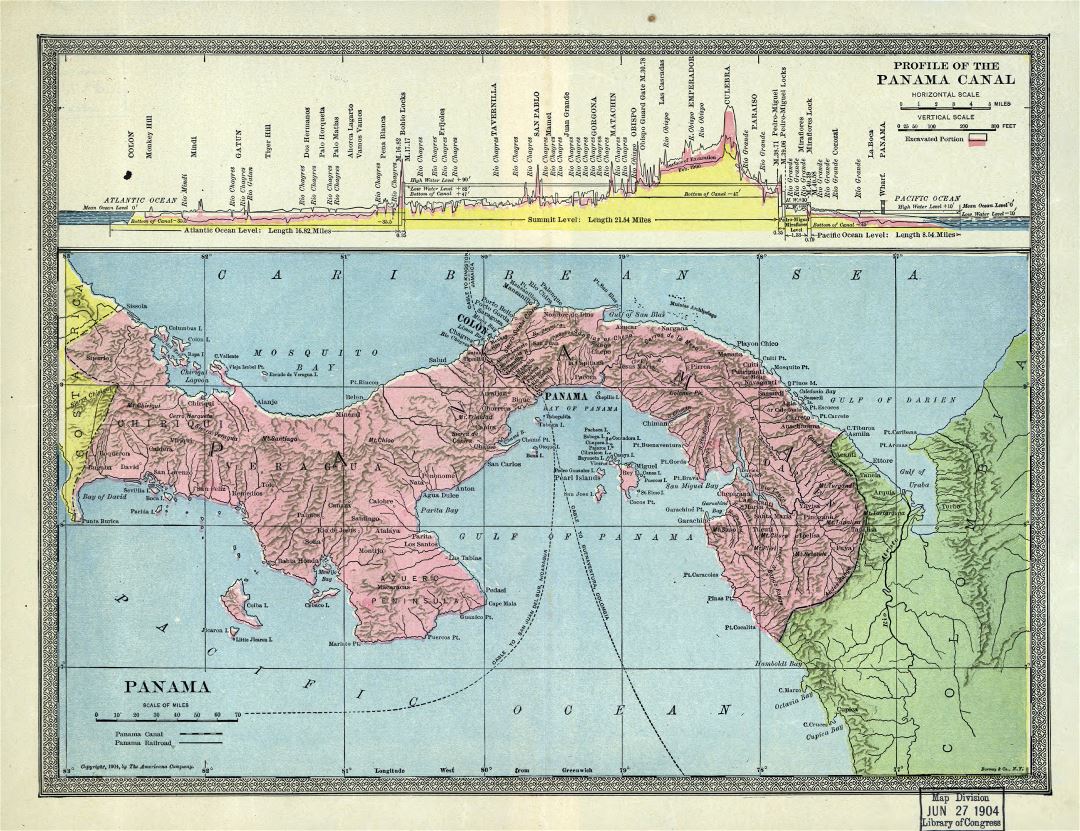 Большая подробная старая карта Панамы с рельефом, реками и городами - 1904