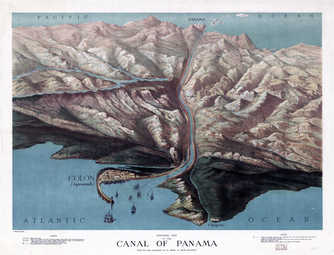 Большой детальный старый панорамный вид на Панамский канал - 1881
