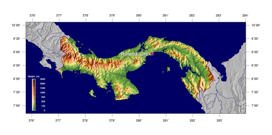 Большая детальная физическая карта Панамы