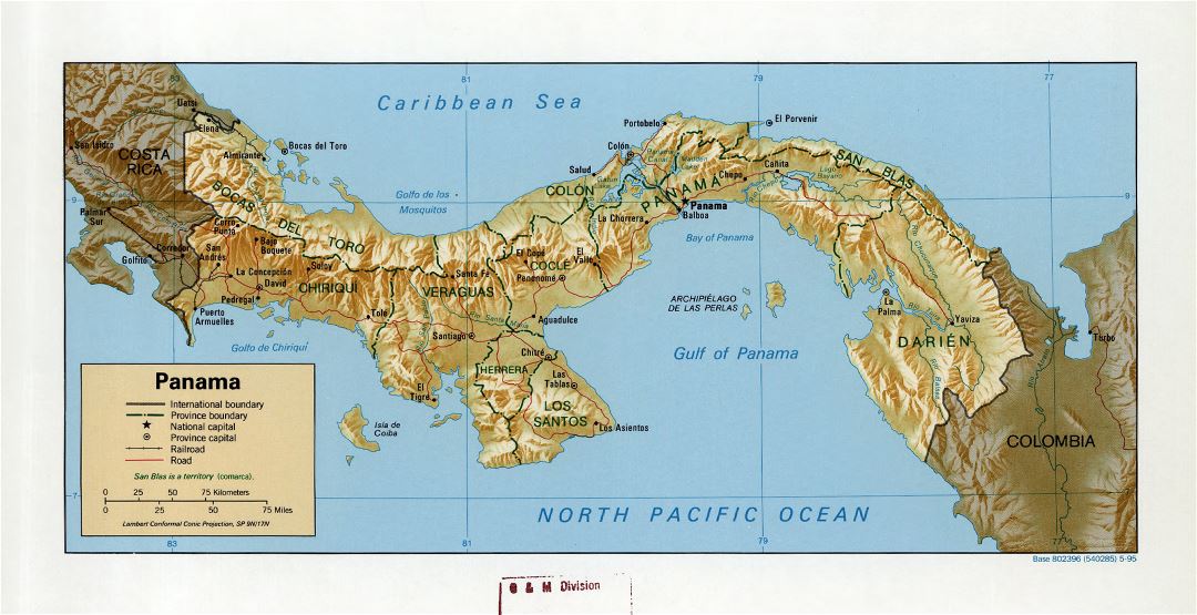 Большая подробная политическая и административная карта Панамы с рельефом, дорогами, железными дорогами и городами - 1995