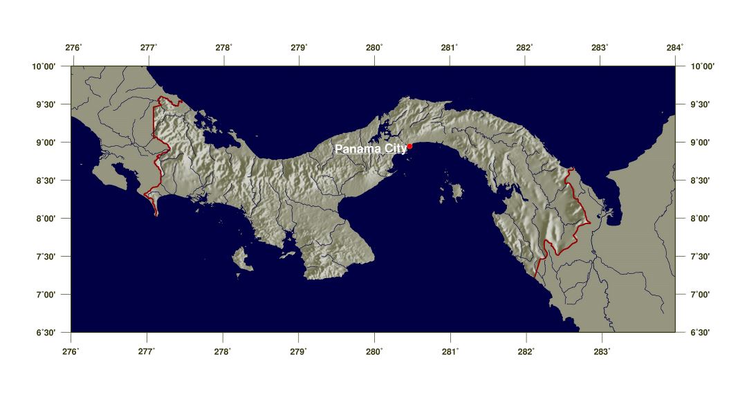 Большая детальная карта рельефа Панамы