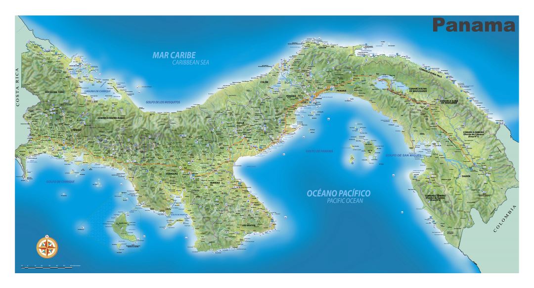 Большая детальная туристическая карта Панамы с рельефом, дорогами, городами, портами, аэропортами и другими пометками