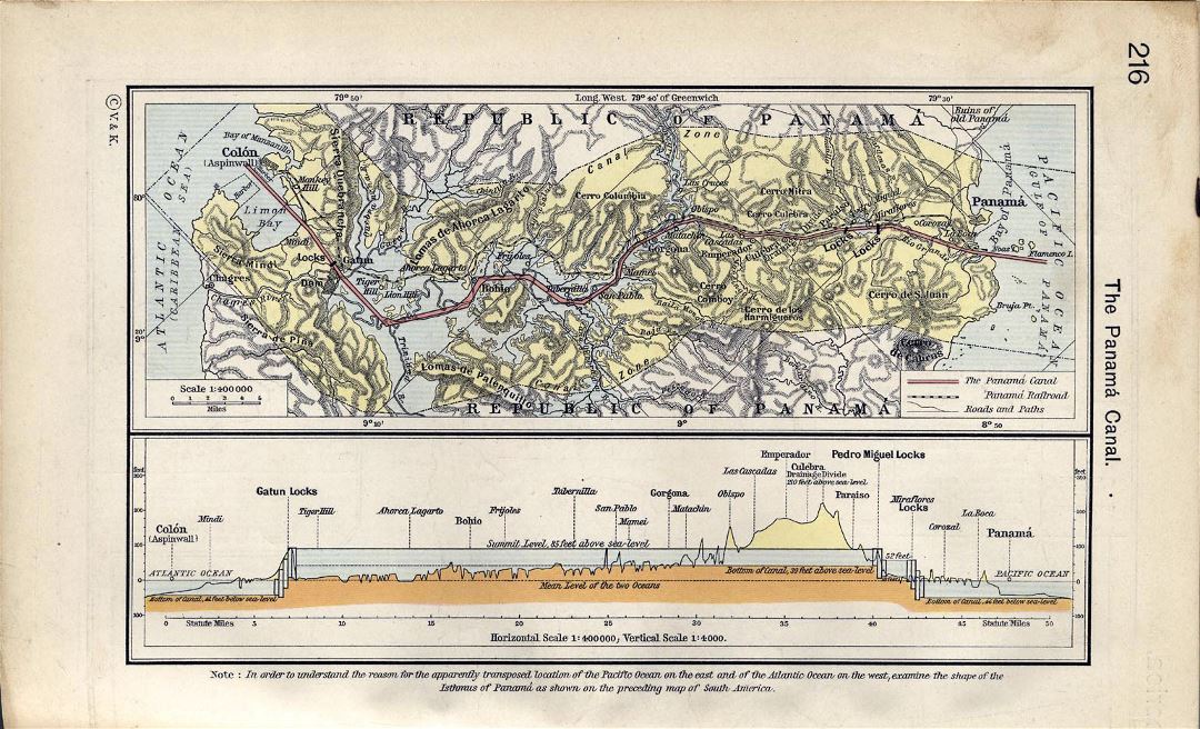 Большая старая карта Панамского канала с рельефом и другими пометками