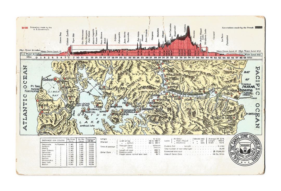 Большая старая карта Панамского канала с рельефом