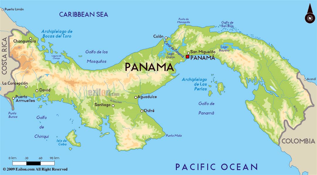Большая физическая карта Панамы с крупными городами