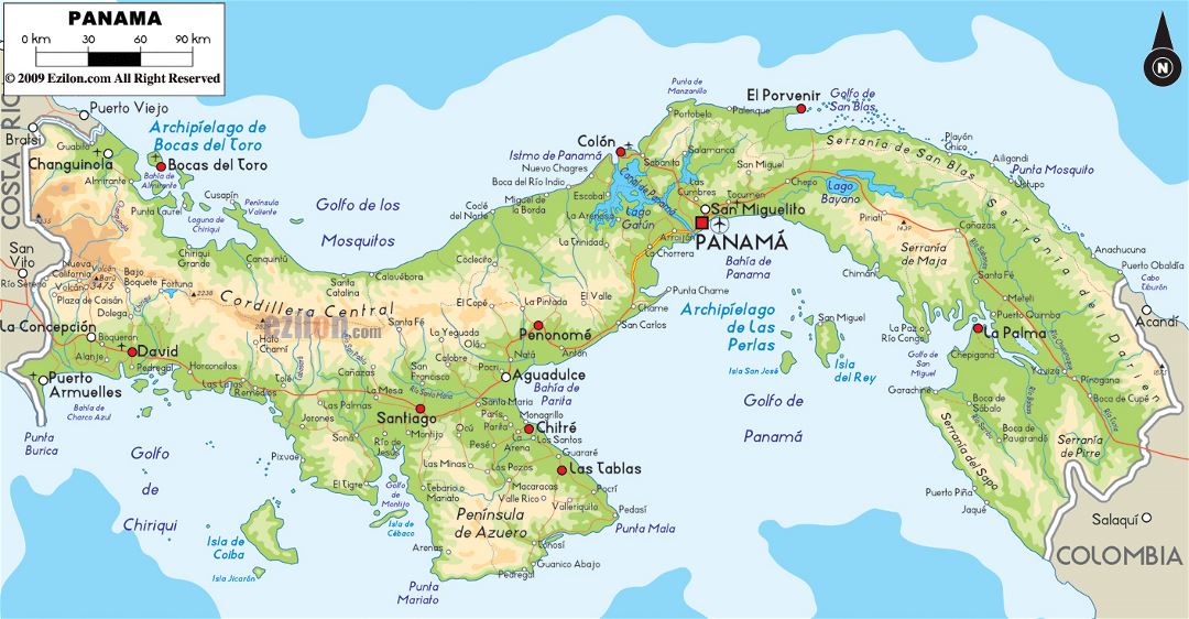 Большая физическая карта Панамы с дорогами, городами и аэропортами