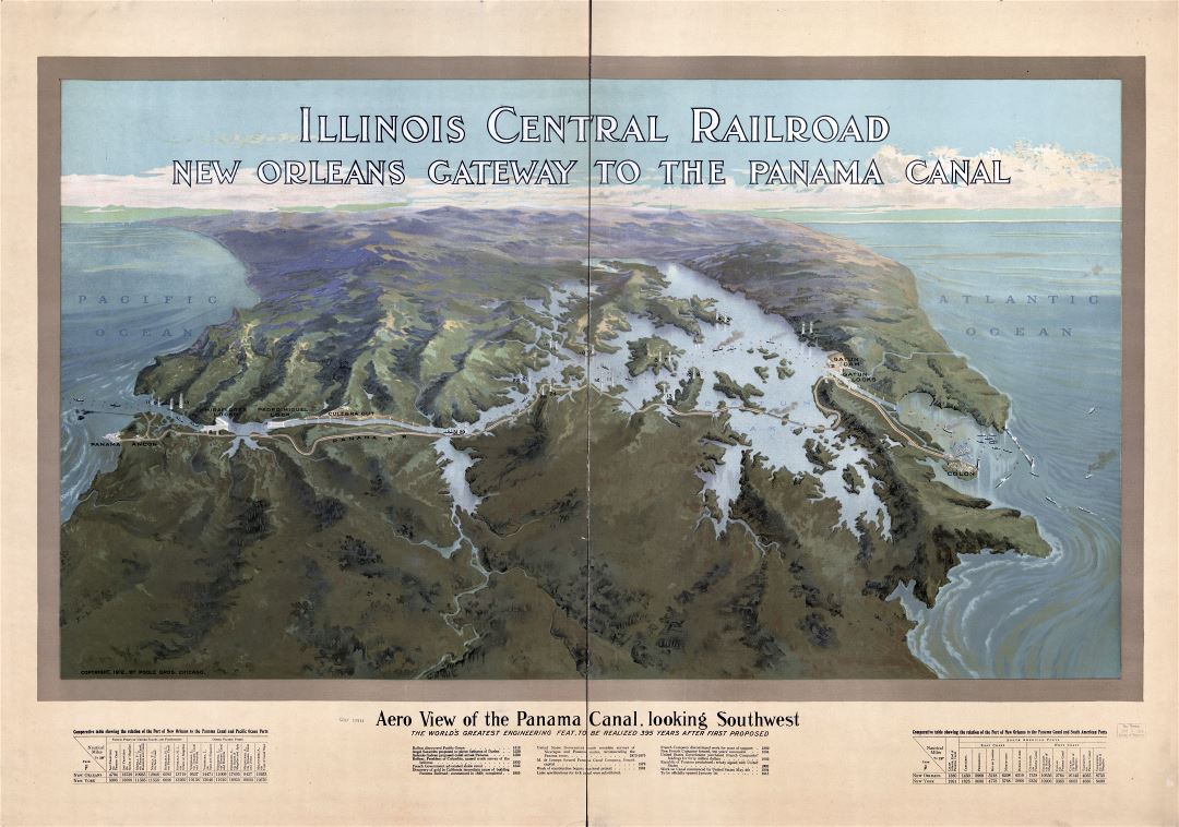 Крупномасштабная подробная старая панорамная карта Панамского канала - 1912