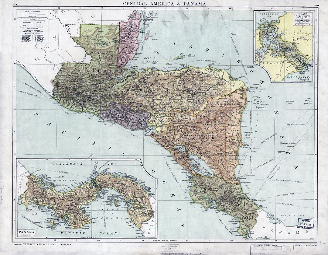 Крупномасштабная старая карта Центральной Америки и Панамы - 1920
