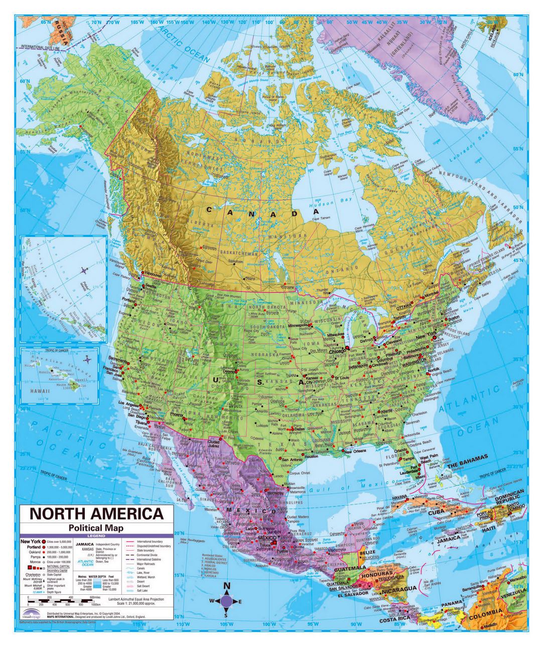 Политическая карта Северной Америки с рельефом, дорогами и крупными городами