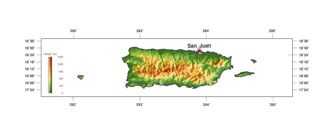 Подробная карта высот Пуэрто-Рико