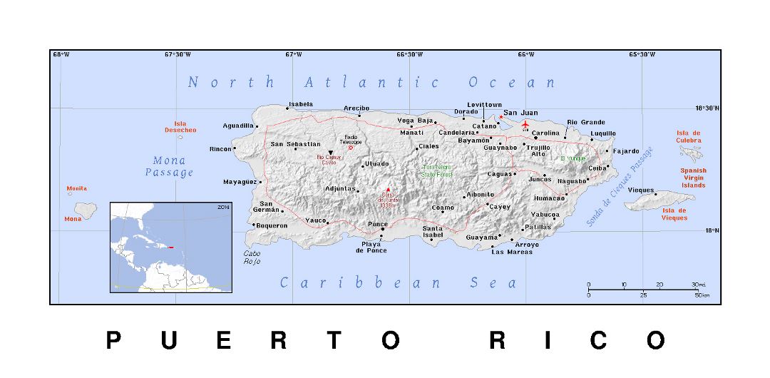 Детальная политическая карта Пуэрто-Рико с рельефом
