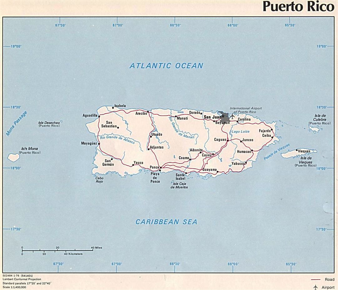 Детальная политическая карта Пуэрто-Рико с дорогами, городами и аэропортом - 1976
