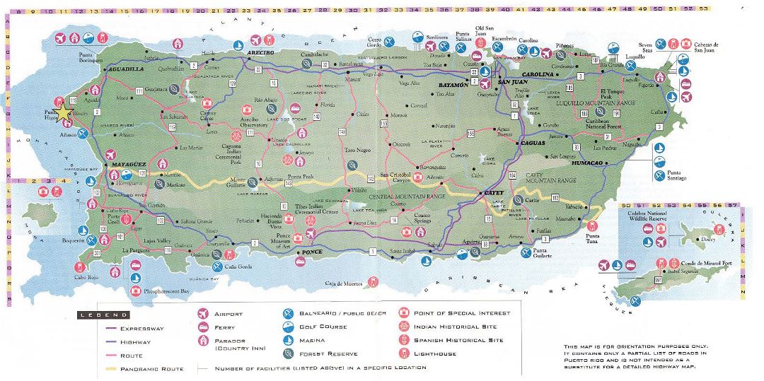 Детальная туристическая карта Пуэрто-Рико с дорогами и другими пометками