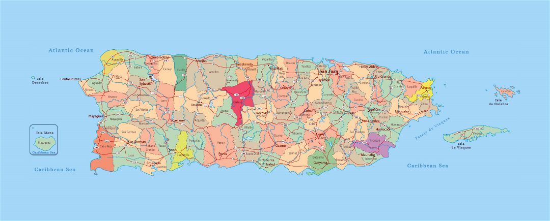 Большая административная карта Пуэрто-Рико с дорогами и городами