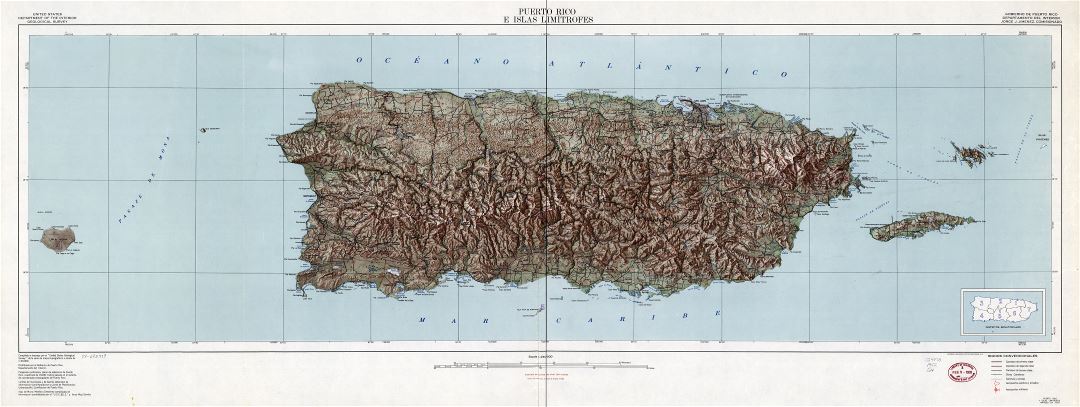 Большая детальная карта Пуэрто-Рико с рельефом и другими пометками - 1952