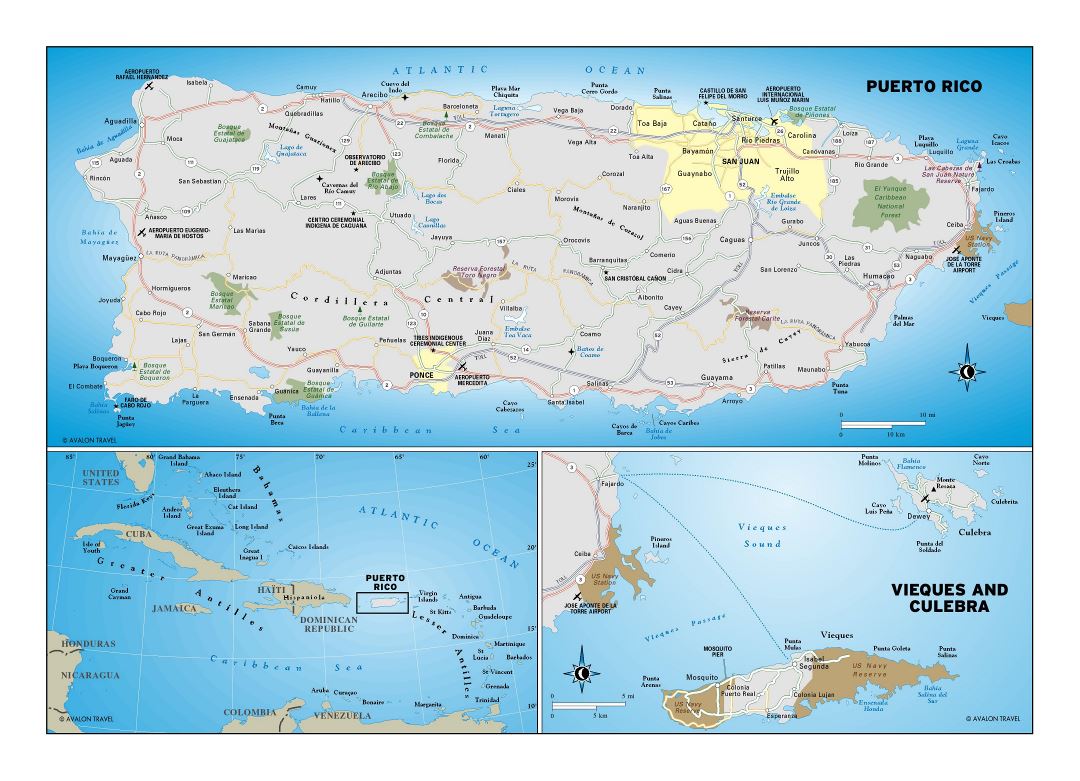 Большая подробная карта Пуэрто-Рико с дорогами, городами, национальными парками и аэропортами