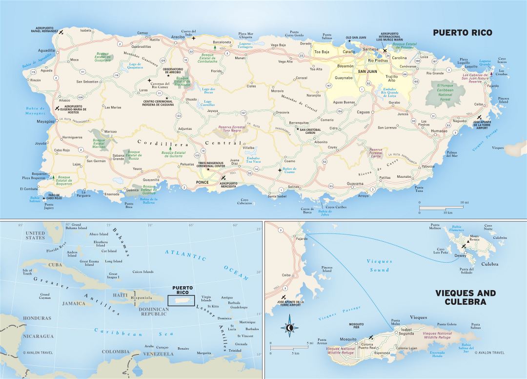 Большая детальная карта Пуэрто-Рико с дорогами, городами, национальными парками и другими пометками