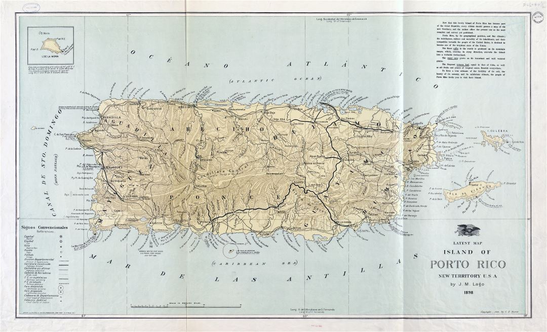 Большая детальная старая карта Пуэрто-Рико с рельефом и другими пометками - 1898