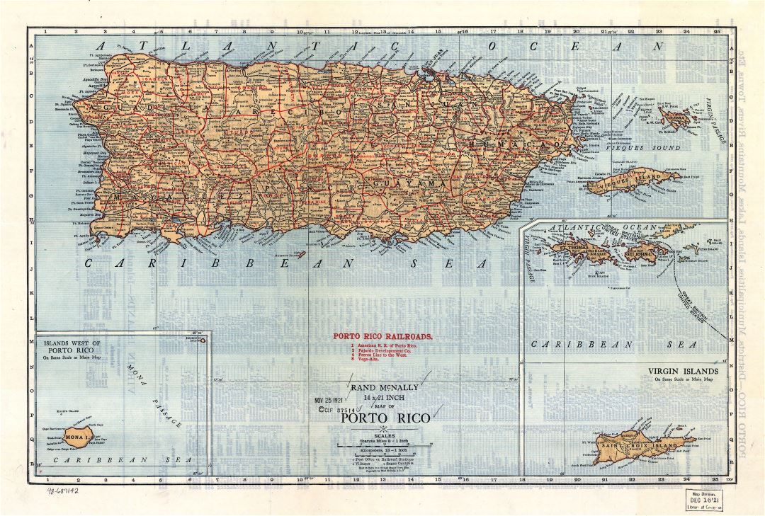 Большая детальная старая карта Пуэрто-Рико с рельефом, дорогами и городами - 1921