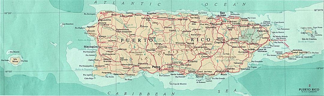 Большая карта Пуэрто-Рико с дорогами и городами