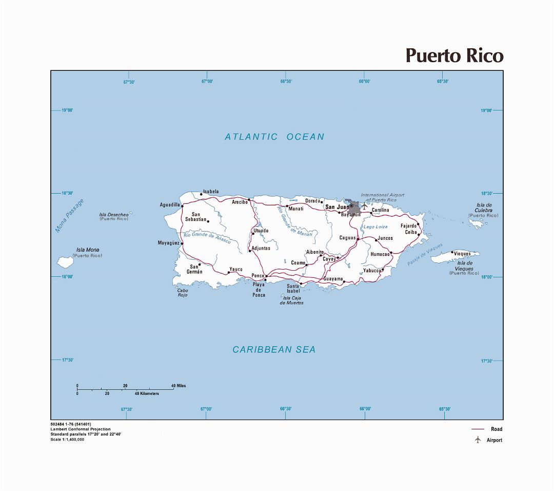 Большая политическая карта Пуэрто-Рико с дорогами, городами и аэропортом - 1976