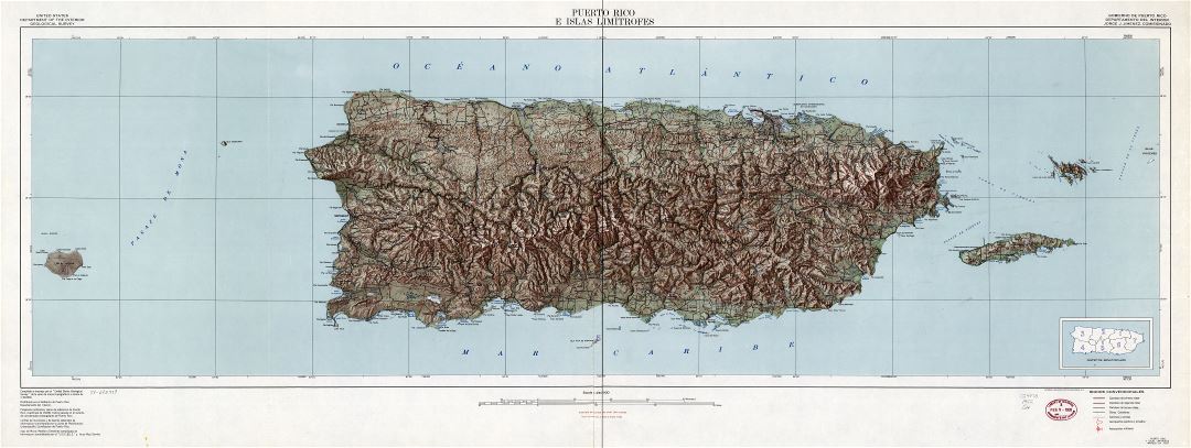 Крупномасштабная детальная карта Пуэрто-Рико с рельефом и другими пометками - 1952