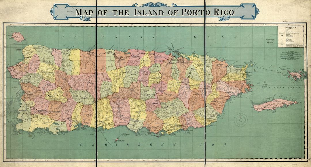 Крупномасштабная детальная старая карта Пуэрто-Рико с административными делениями и другими пометками - 1915