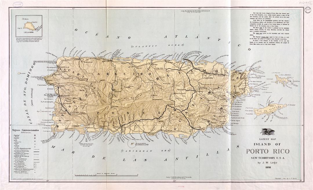 Крупномасштабная детальная старая карта Пуэрто-Рико с рельефом и другими пометками - 1898