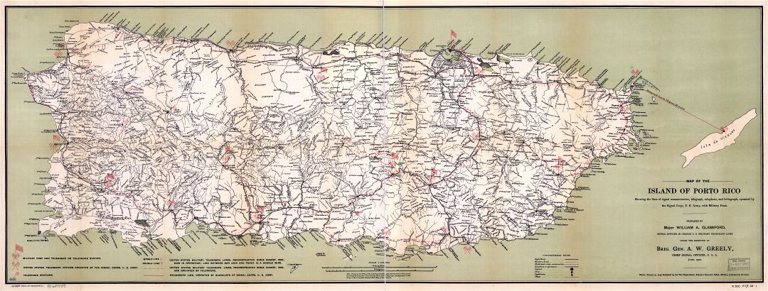 Крупномасштабная подробная старая карта Пуэрто-Рико с дорогами, городами, деревнями и другими пометками - 1900